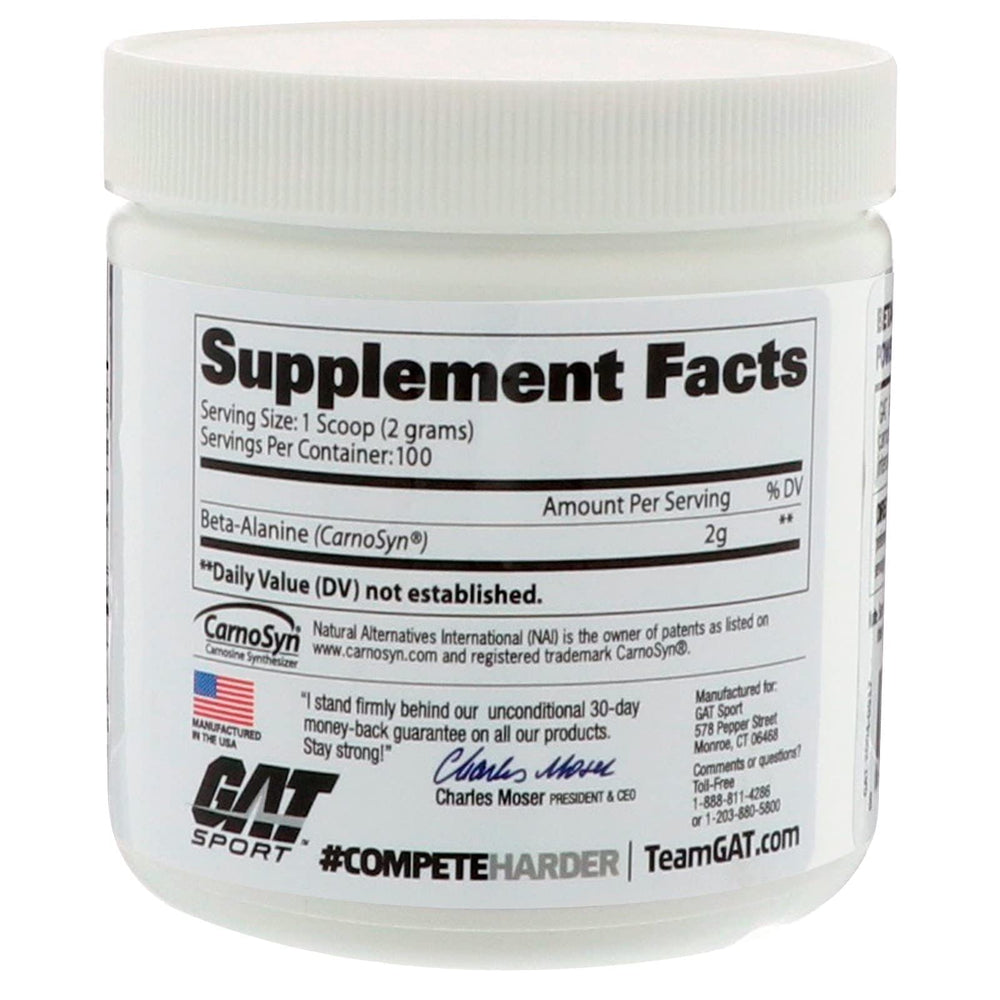 GAT SPORT Beta Alanine Powder unflavored 200g packaging on shelf for steady endurance.