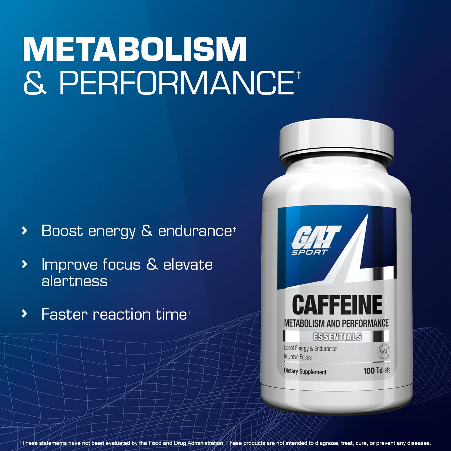 GAT Sport Essentials caffeine tablets close-up highlighting compact dose and quick intake.
