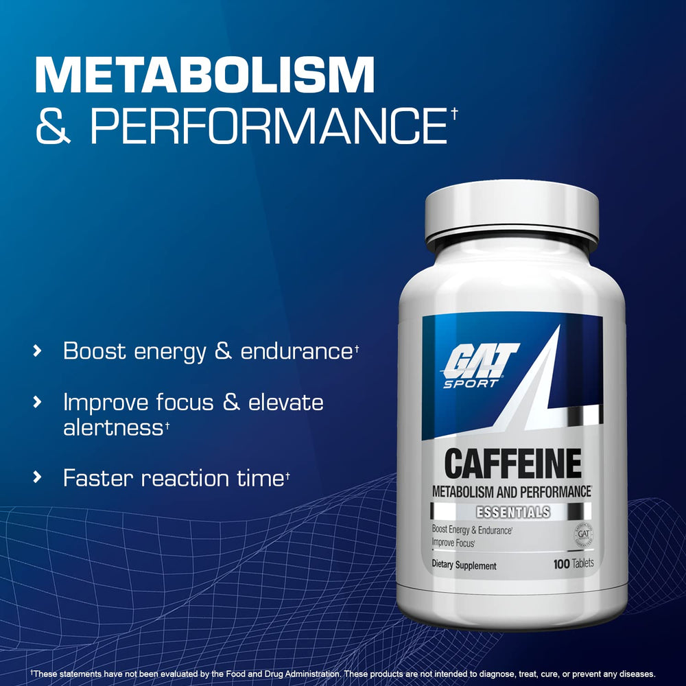 GAT Sport Essentials caffeine tablets close-up highlighting compact dose and quick intake.