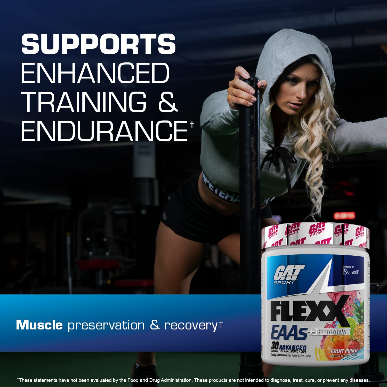 GAT SPORT Flexx EAAs label highlights the 30-serving Fruit Punch formula