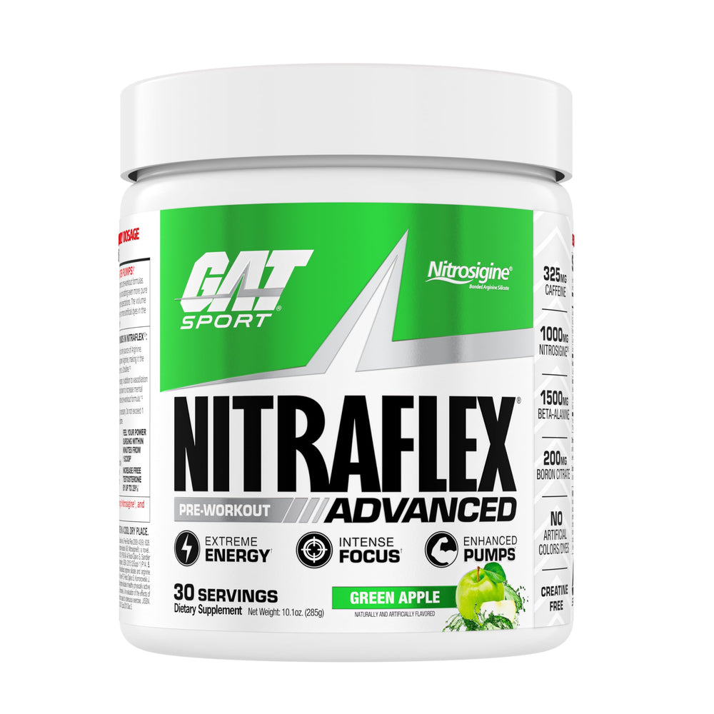 GAT SPORT Nitraflex green apple bottle for a powerful pre-workout boost.