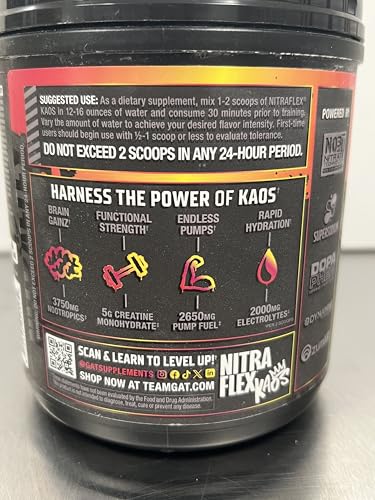 GAT SPORT Nitraflex KAOS Berry Lemonade label closeup reveals nitrates and nootropics.