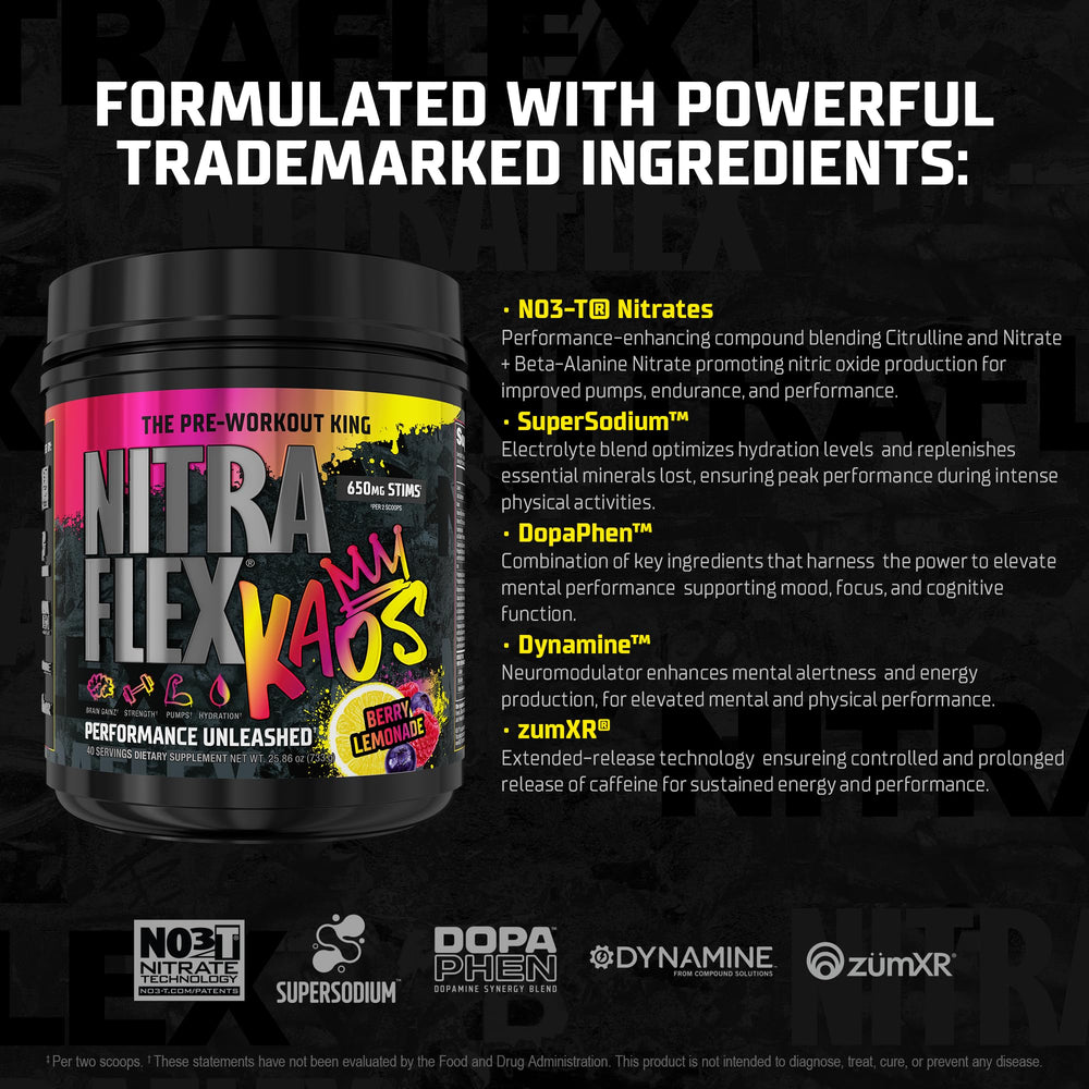 GAT SPORT Nitraflex KAOS Berry Lemonade shaker-ready presentation invites confident training.