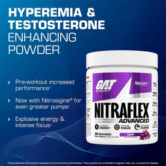 GAT SPORT Nitraflex label closeup emphasizes Nitrosigine led pumps and calm energy