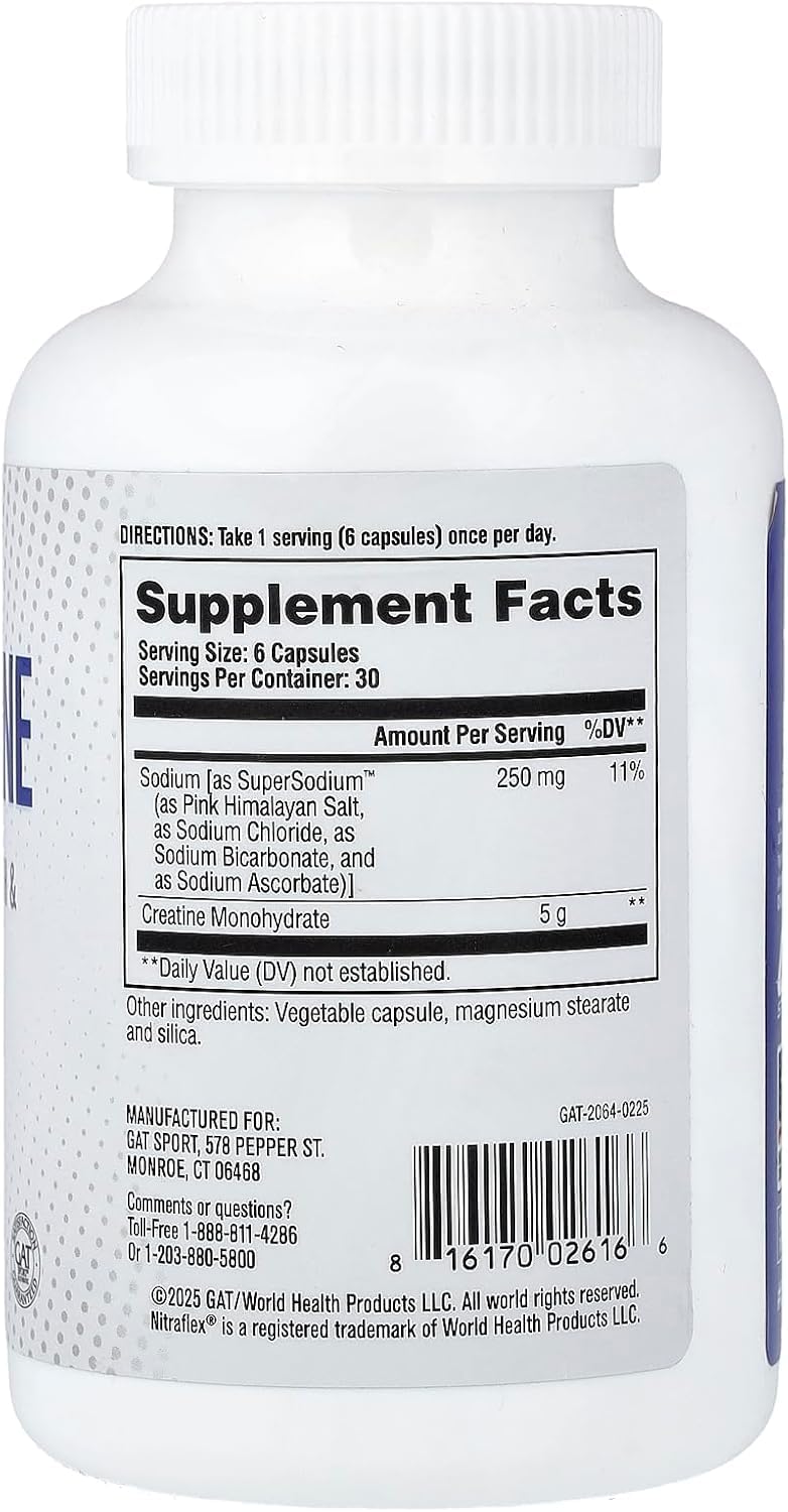 GAT SPORT Pro Creatine bottle with label showing hydration support and mental edge.