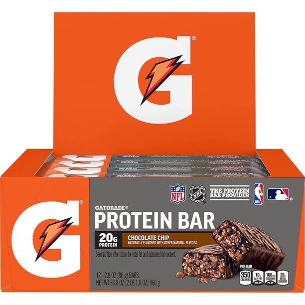 Gatorade Whey Protein Recover Bars Chocolate Chip packaging close-up, convenient energy on the go