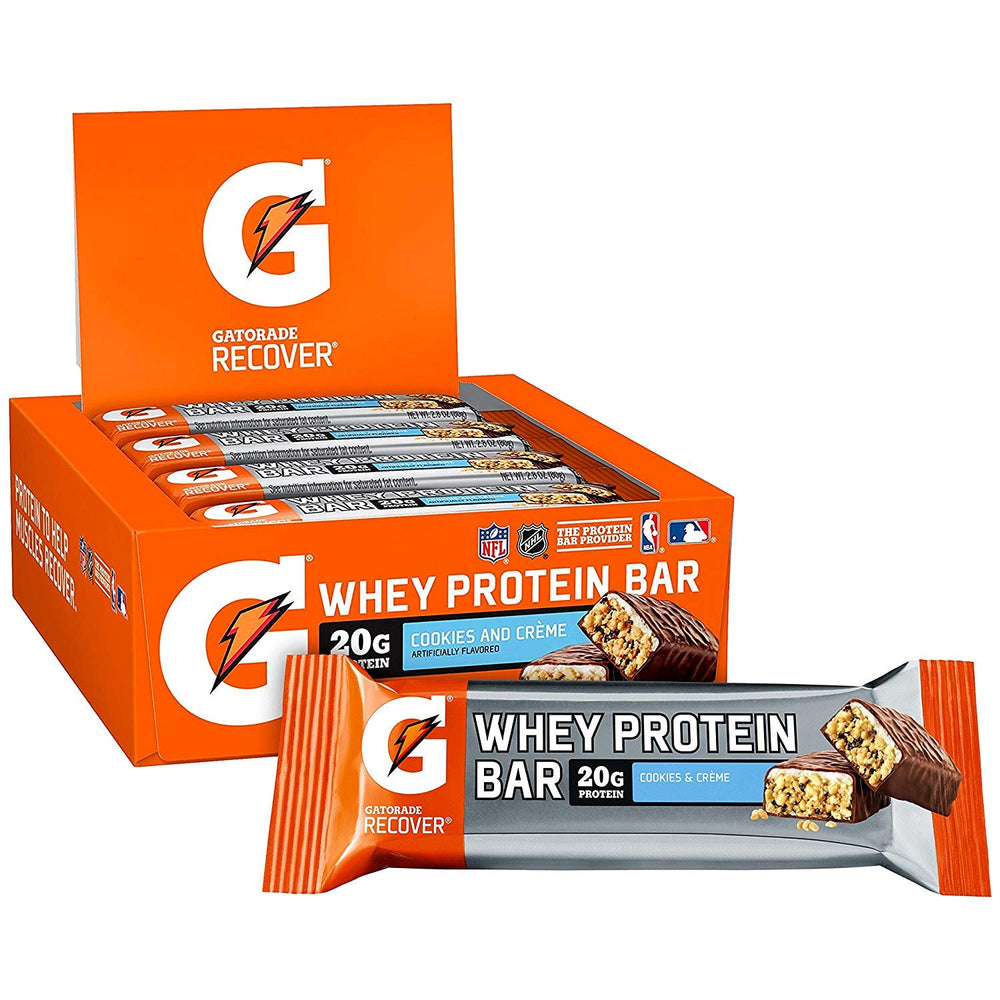 Close-up of Gatorade Whey Protein Recover Bar Cookies & Creme highlighting protein-rich texture.