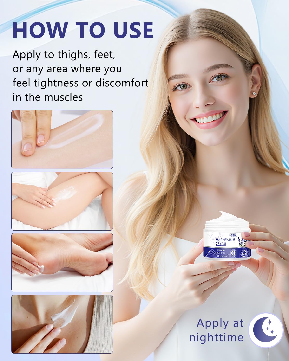 GBN Magnesium Cream legs-feet-application demonstrates easy massage before bed