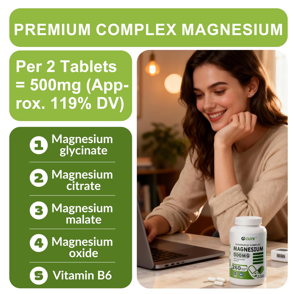GCUTE bottle label close-up displaying 500 mg elemental magnesium per serving