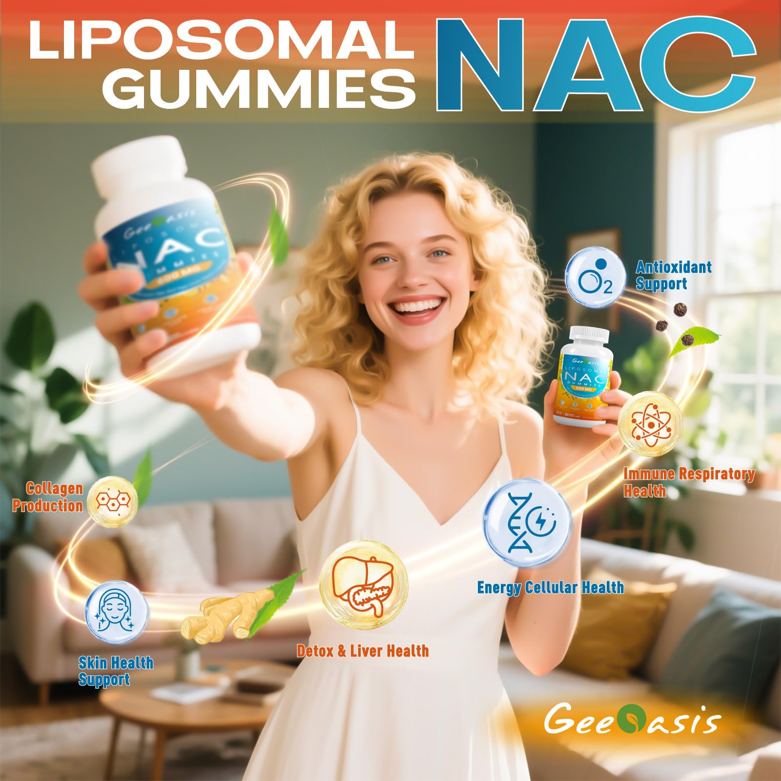 Geeoasis Liposomal NAC Gummies close-up reveals gummy texture and vibrant pineapple color