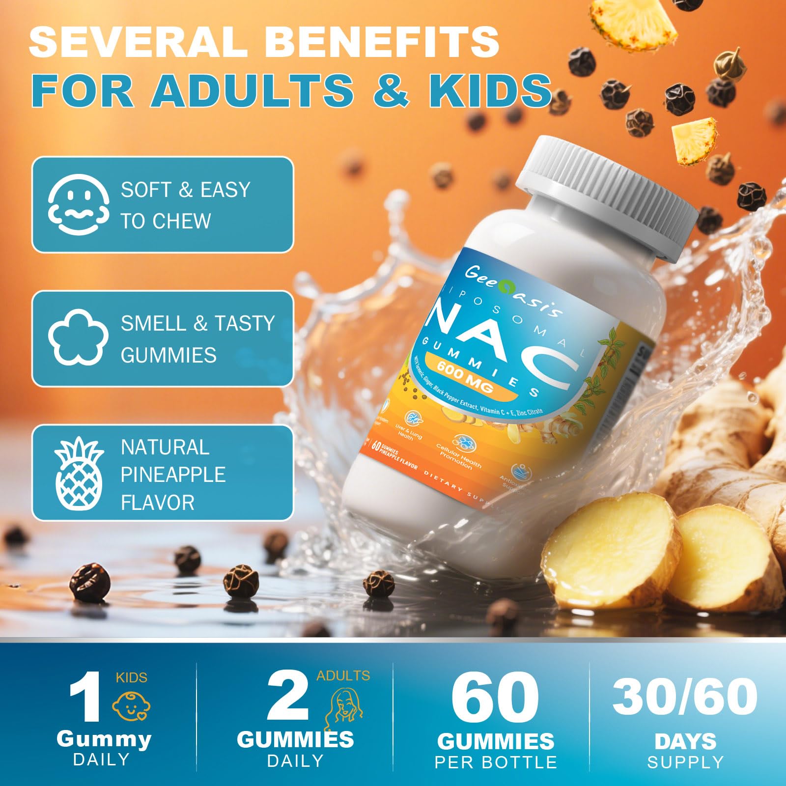 Geeoasis NAC Gummies ingredients panel with turmeric and ginger for flavor and synergy