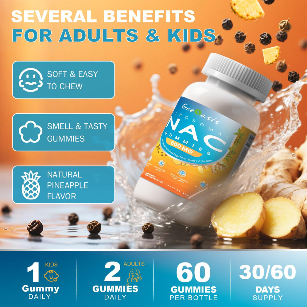 Geeoasis NAC Gummies ingredients panel with turmeric and ginger for flavor and synergy