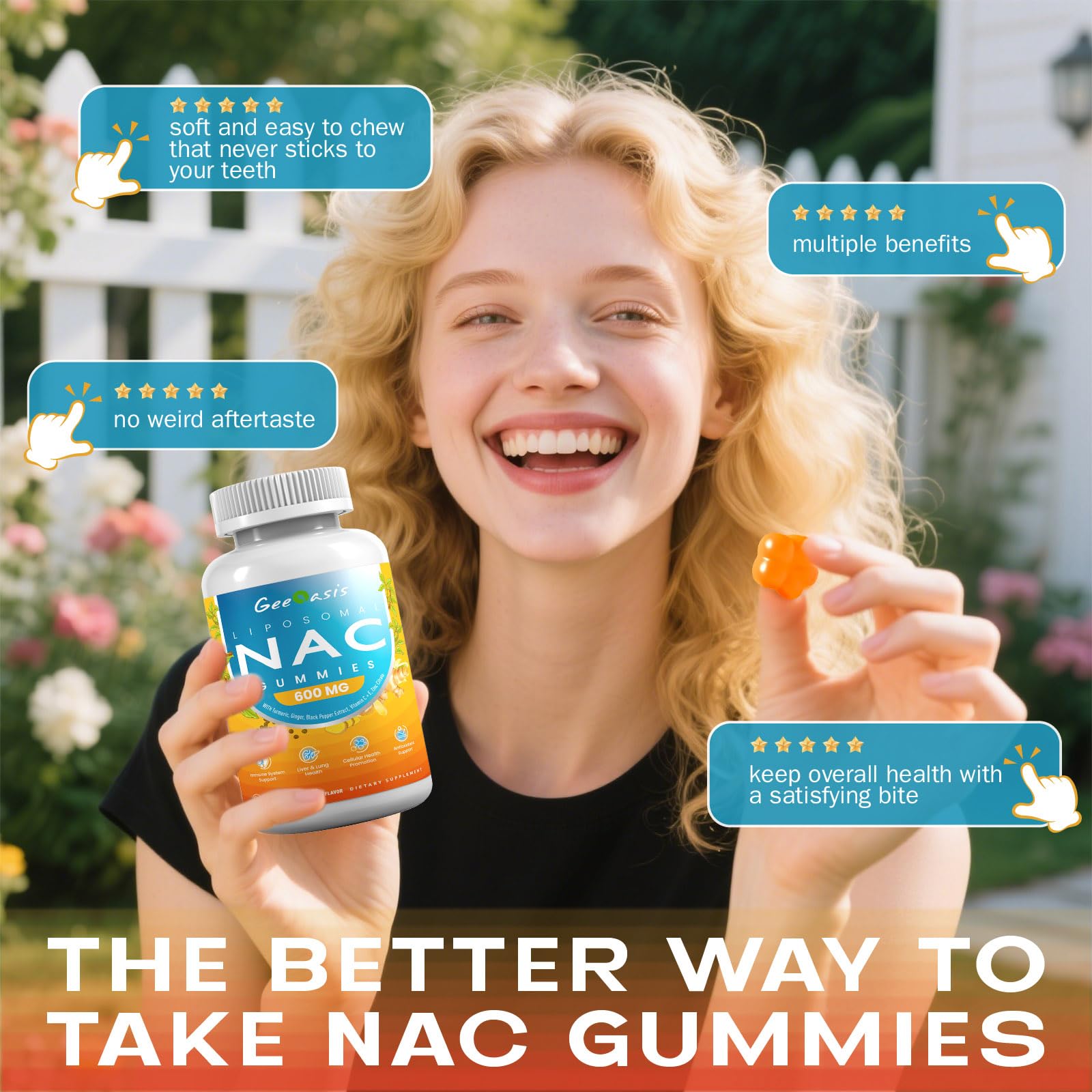 Geeoasis pineapple-flavored NAC gummies mockup in a clean bottle