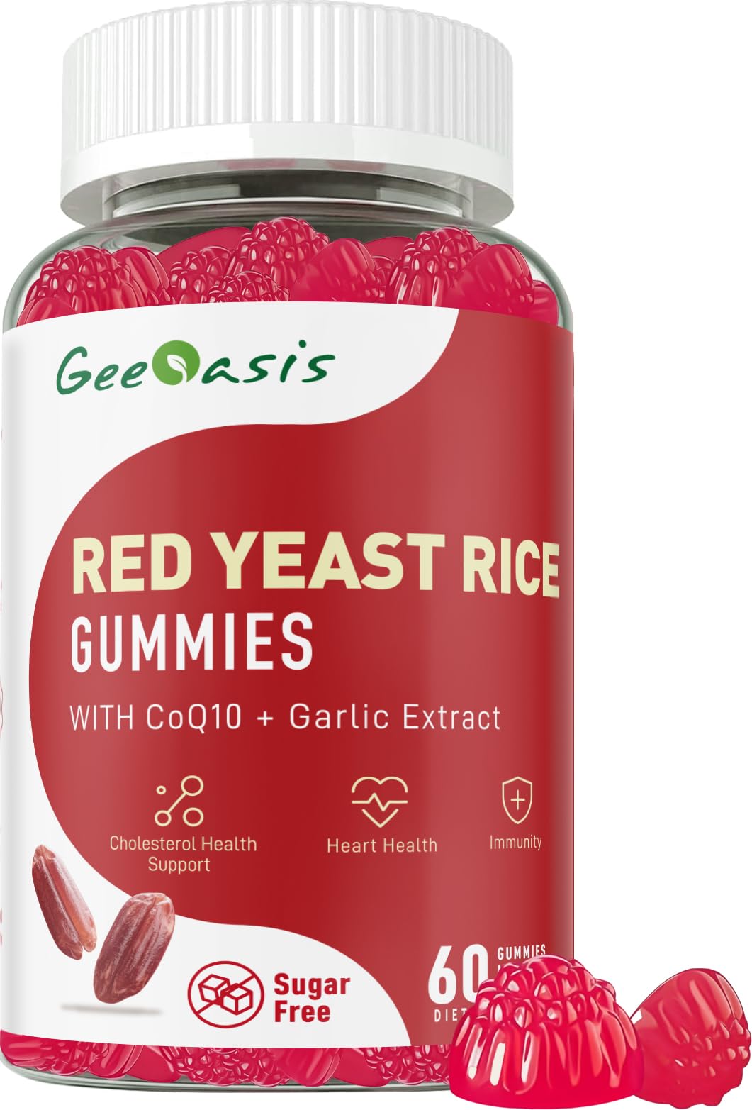 Geeoasis red yeast rice gummies bottle with CoQ10 label for daily heart health support