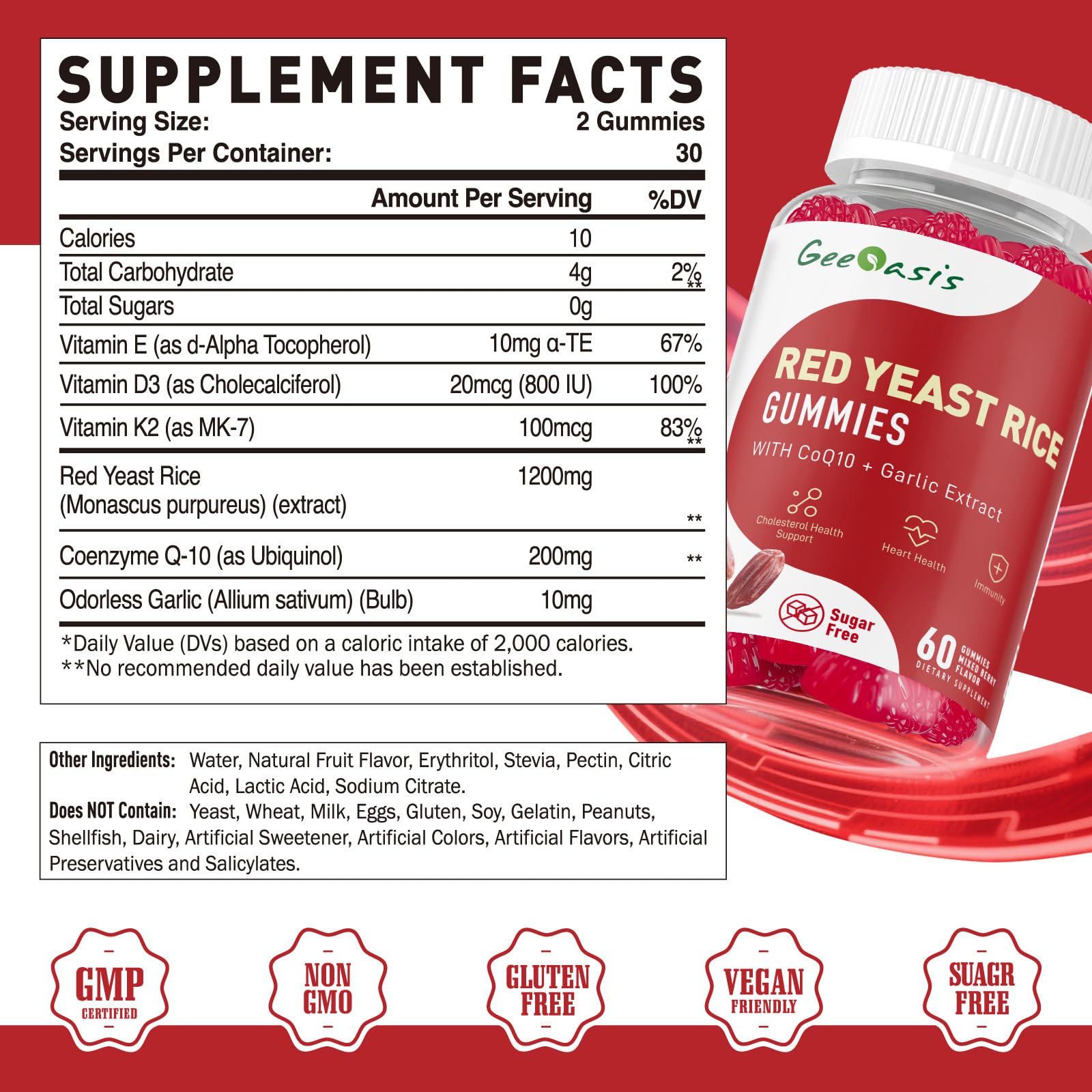 Geeoasis red yeast rice gummies pouch showing mixed berry flavor for easy daily use