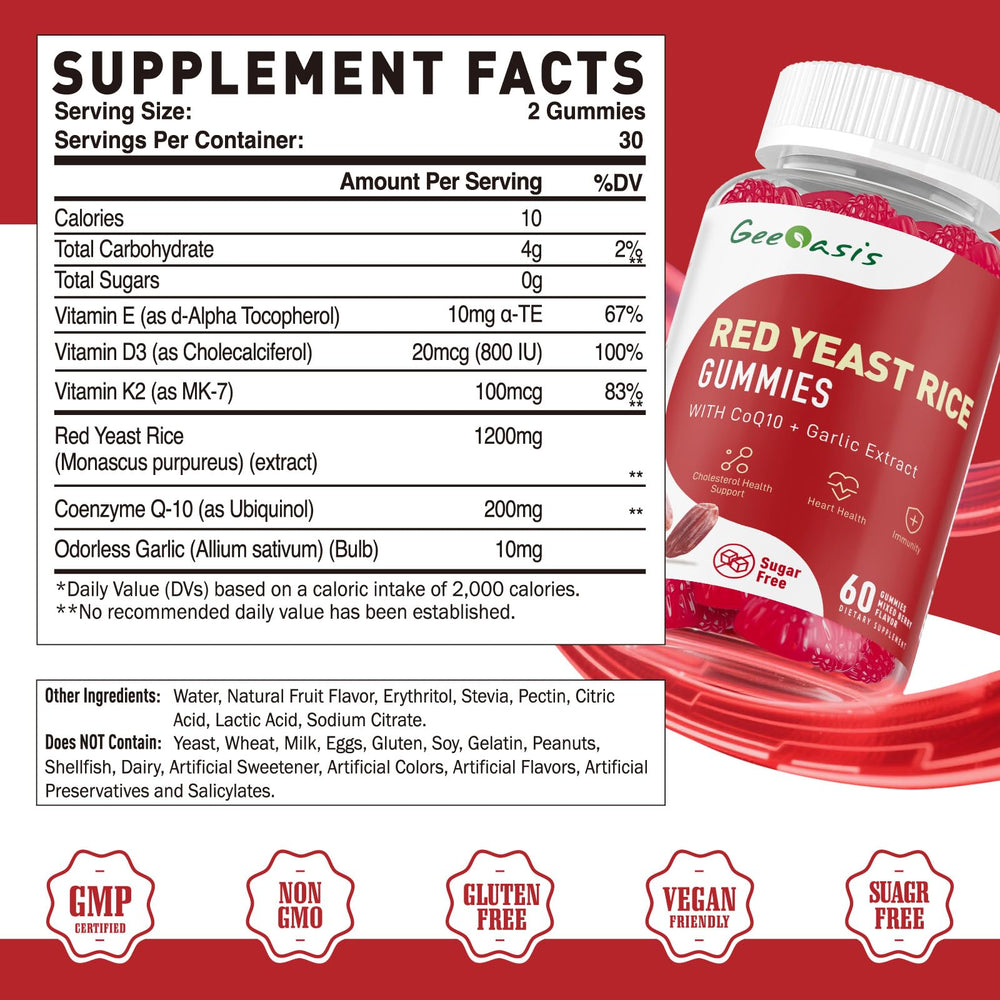 Geeoasis red yeast rice gummies pouch showing mixed berry flavor for easy daily use