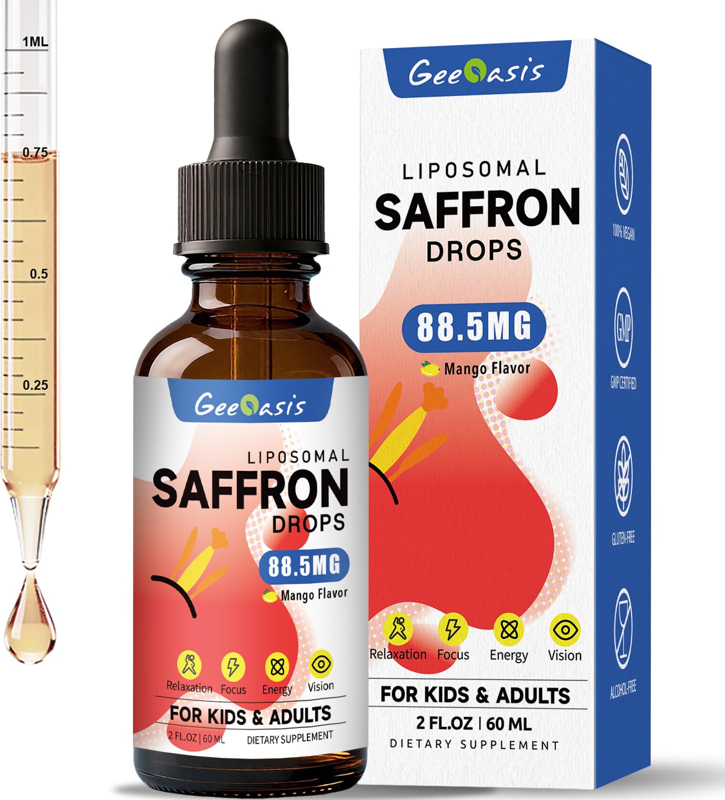 Geeoasis saffron drops bottle highlights liposomal formula for focus and energy.