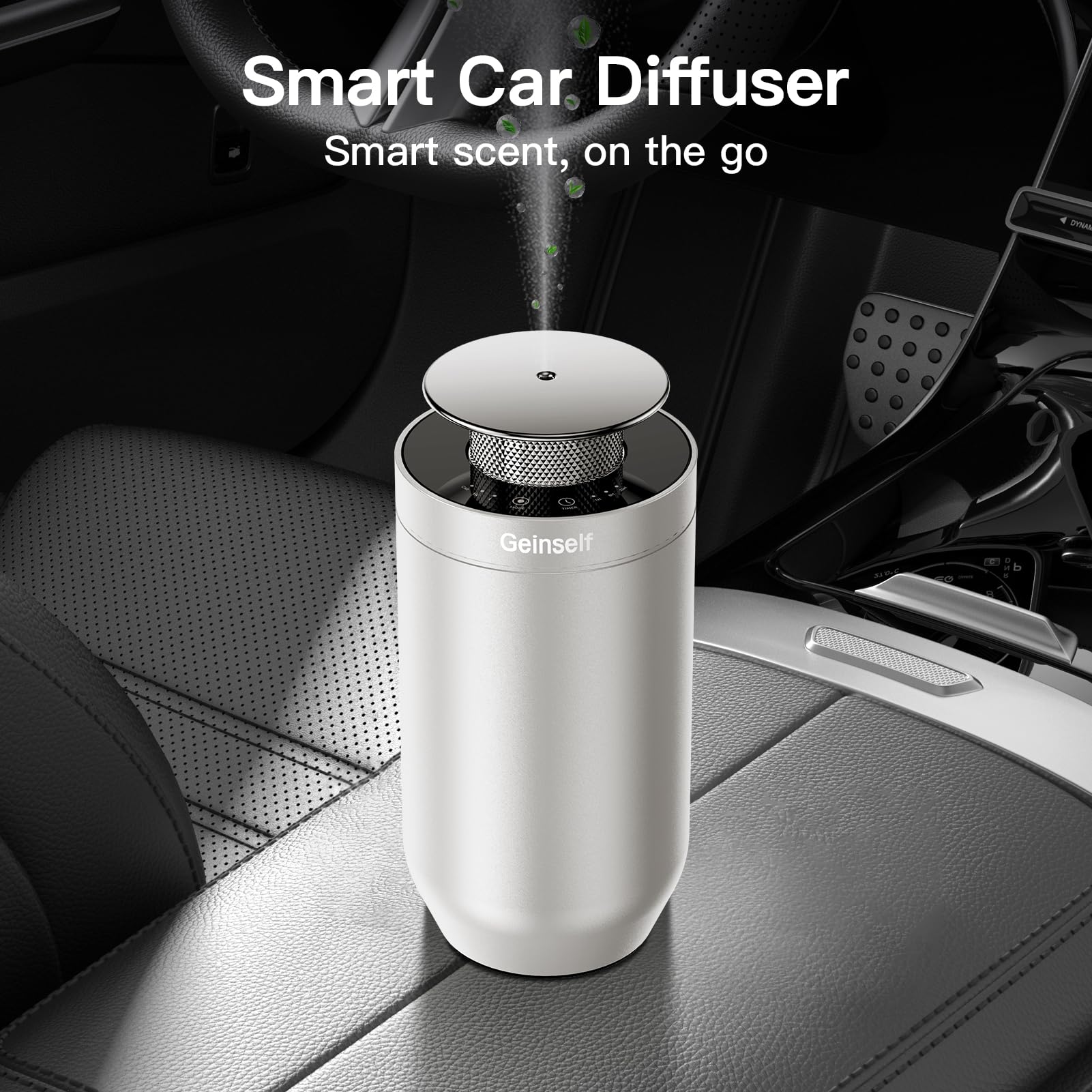 Geinself smart diffuser showing auto on/off feature keeps scent seamless.