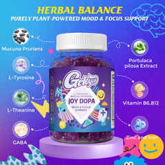 Geloyar Joy Dopa gummies poured for a quick energy lift.