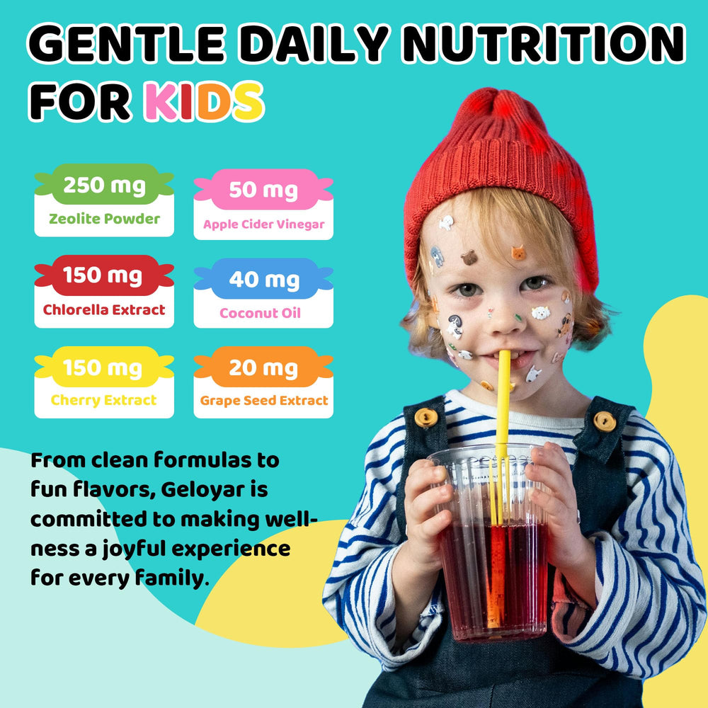 Geloyar Zeolite Detox Kids Drops pour demonstrating easy dosing