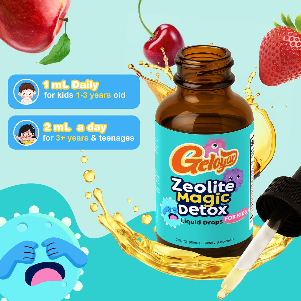 Geloyar Zeolite Detox Kids Drops vegan non-GMO label on packaging