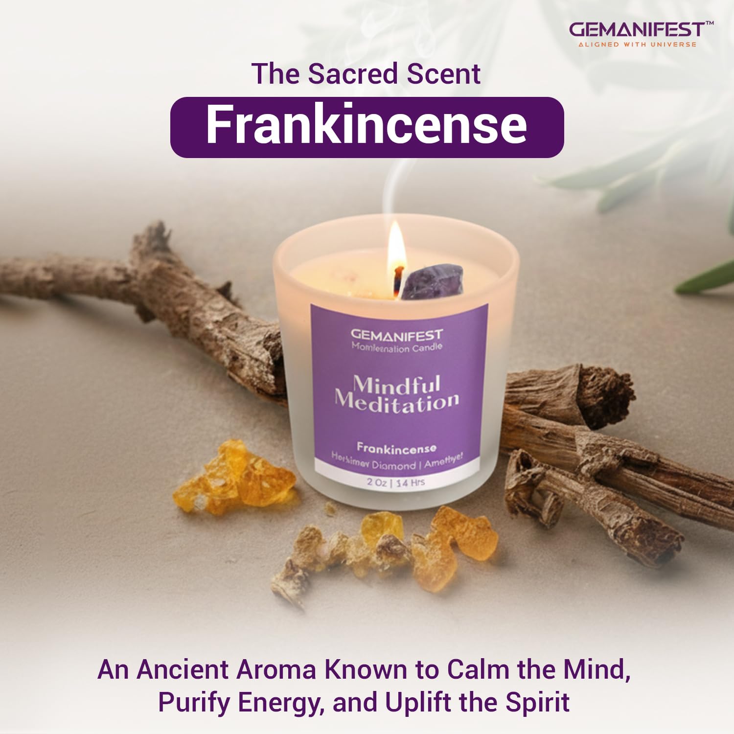 Gemanifest Amethyst palm stone held during meditation for calm energy