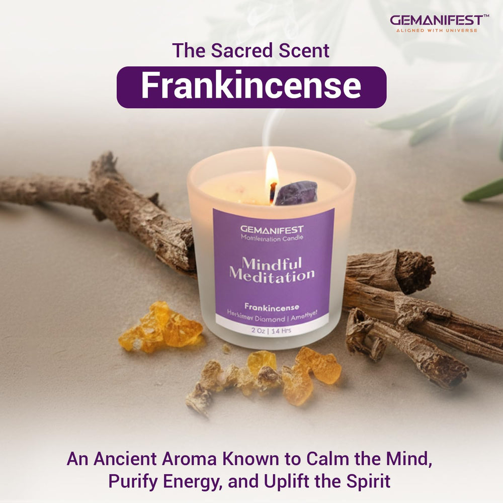 Gemanifest Amethyst palm stone held during meditation for calm energy