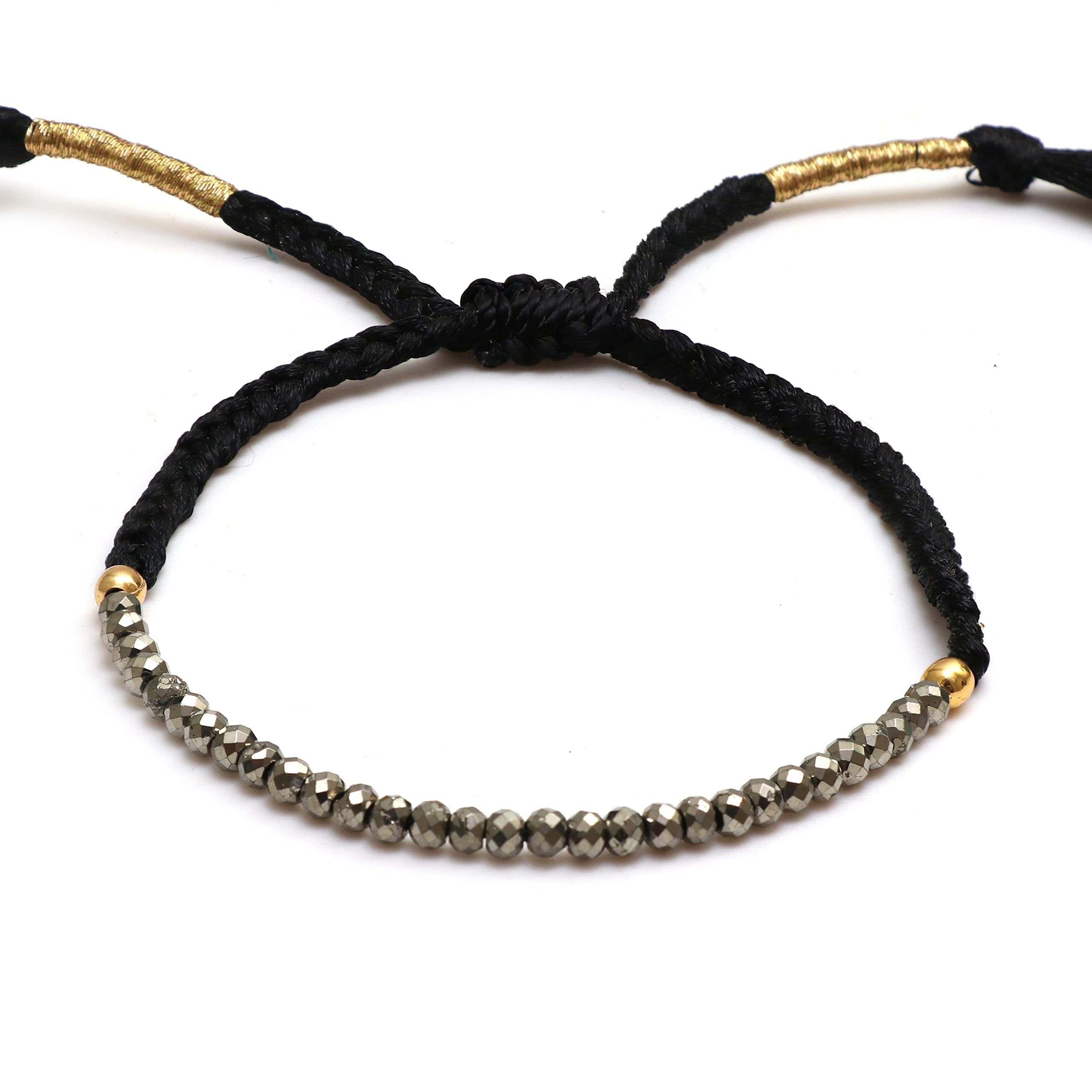 GEMPIRES pyrite bracelet close-up on braided string for everyday wear and subtle abundance energy
