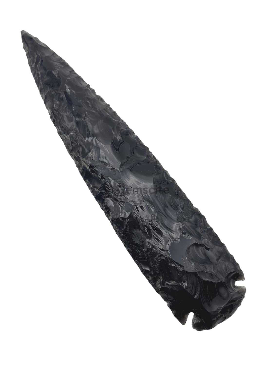 GEMSCITE Black Obsidian arrowhead side angle highlighting natural texture