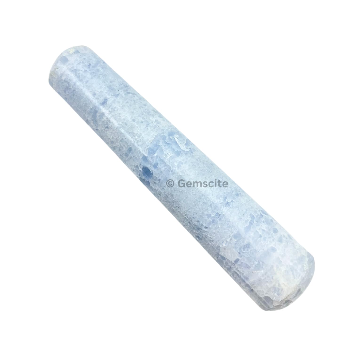 GEMSCITE Blue Celestite wand in hand, ready for personal energy work.