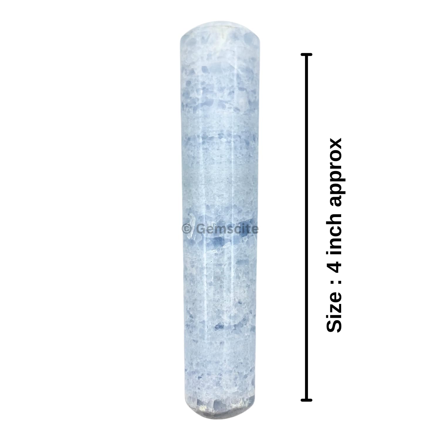GEMSCITE Blue Celestite wand in a calm meditation setup.