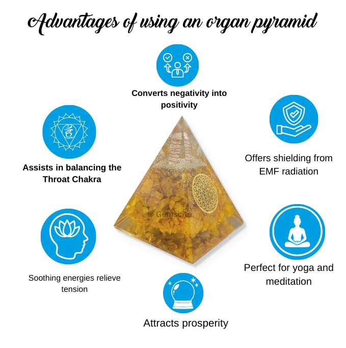 GEMSCITE Citrine Orgonite Pyramid with black tourmaline detail
