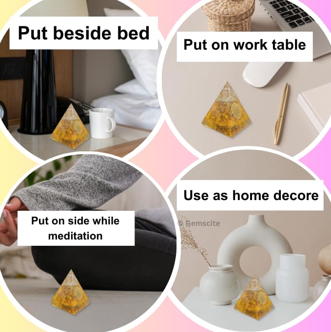 GEMSCITE Citrine Orgonite Pyramid highlighting citrine crystal point