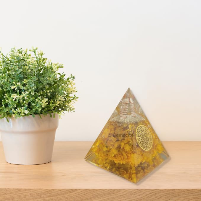 GEMSCITE Citrine Orgonite Pyramid close-up showing copper accents