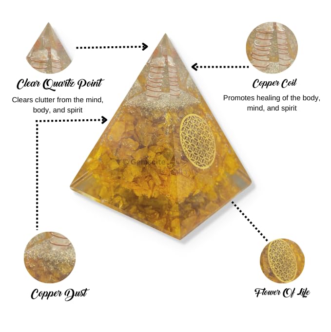 GEMSCITE Citrine Orgonite Pyramid resting on wooden surface for mindful energy