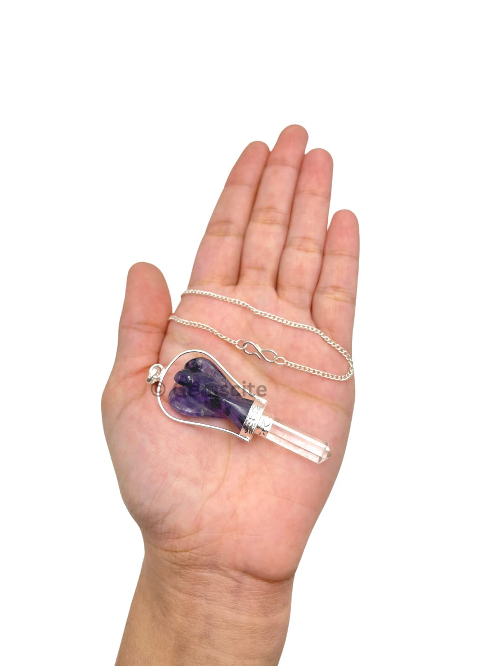 GEMSCITE clear quartz point pencil pendant on silver chain