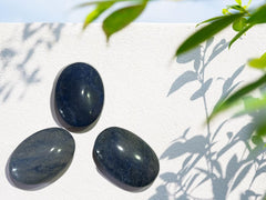 Gemscite Dumortierite palm stone carved detail showcases artisan craftsmanship