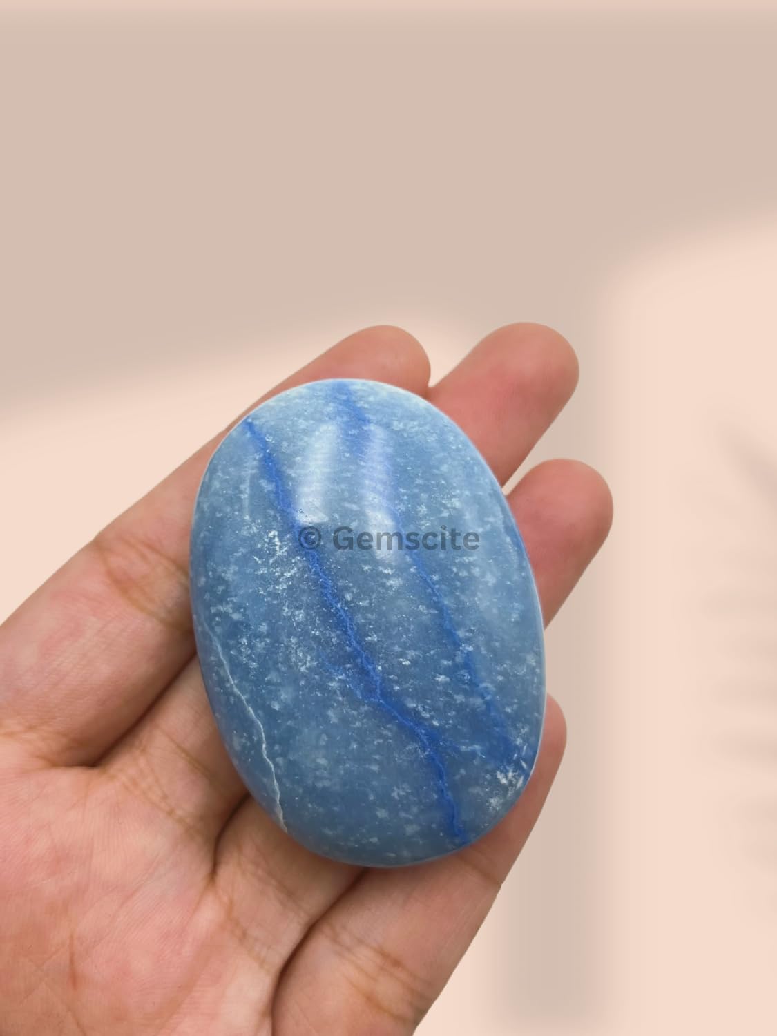 Gemscite Dumortierite palm stone size specs for compact meditation tool