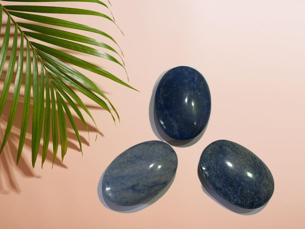 Gemscite Dumortierite palm stone with velvet pouch ready for mindful rituals