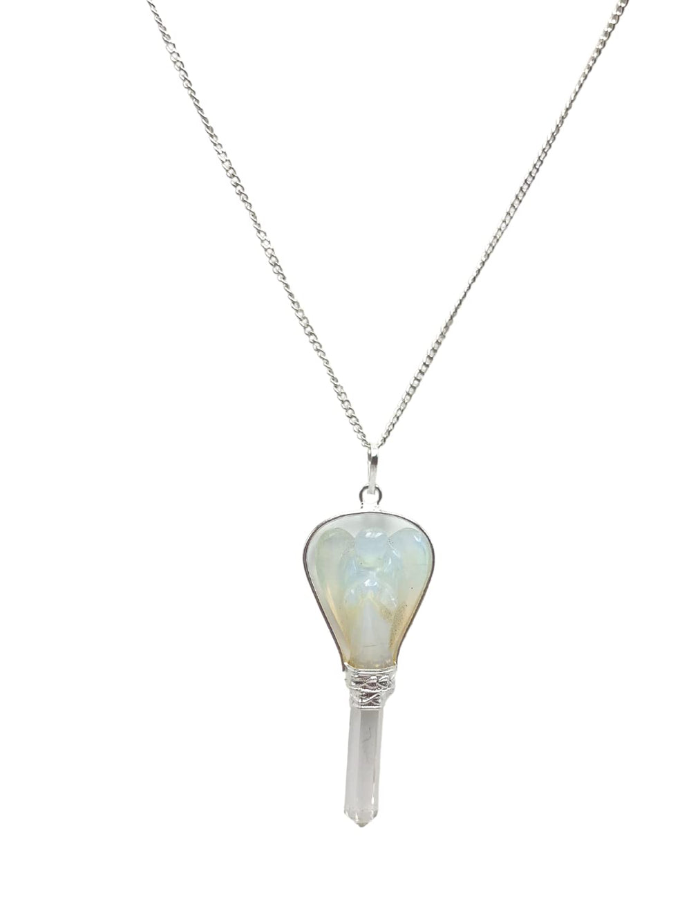 GEMSCITE Guardian Opalite Angel Pendant close-up highlighting calm focus and spiritual connection.