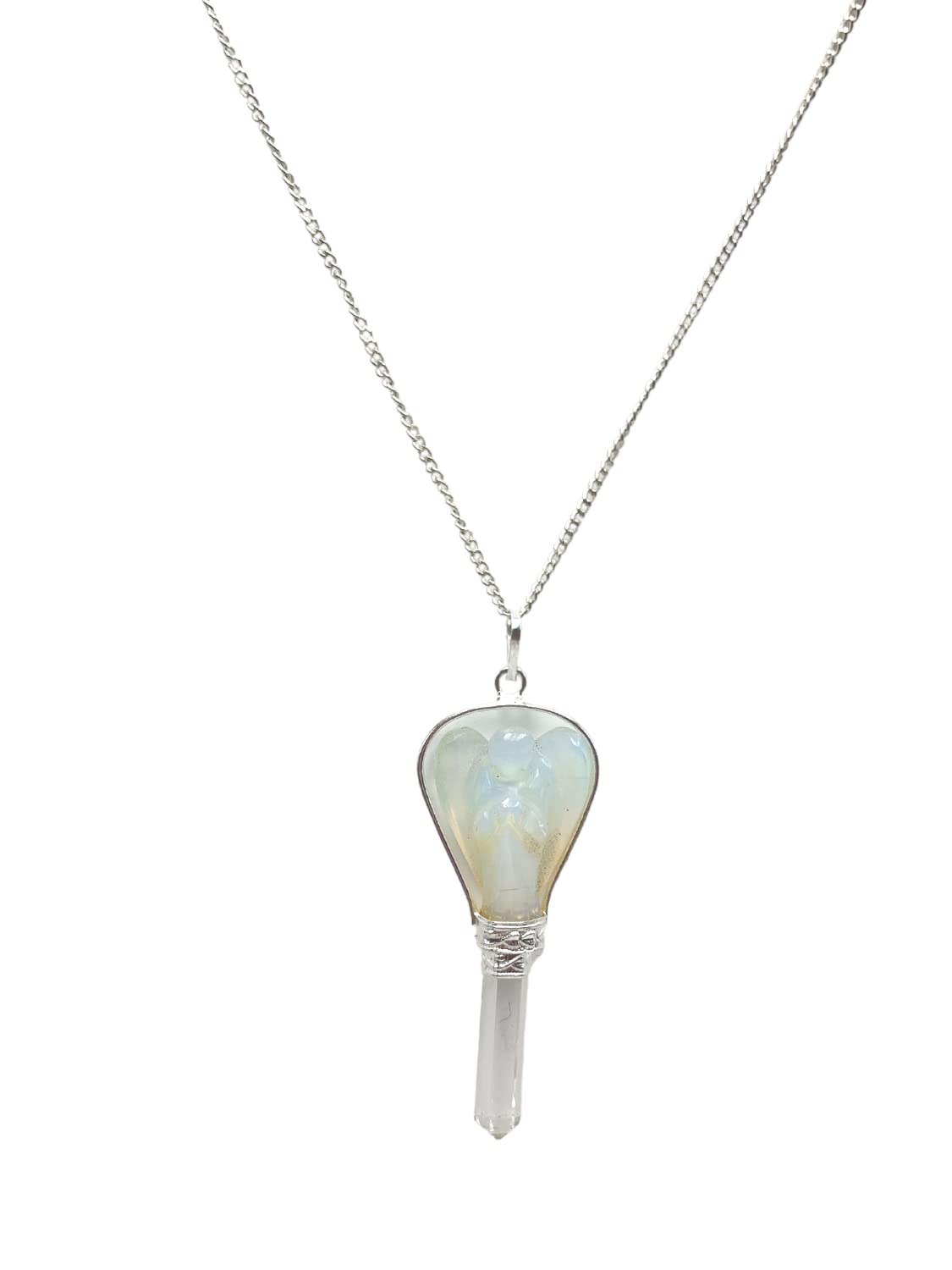 GEMSCITE Guardian Opalite Angel Pendant close-up highlighting calm focus and spiritual connection.