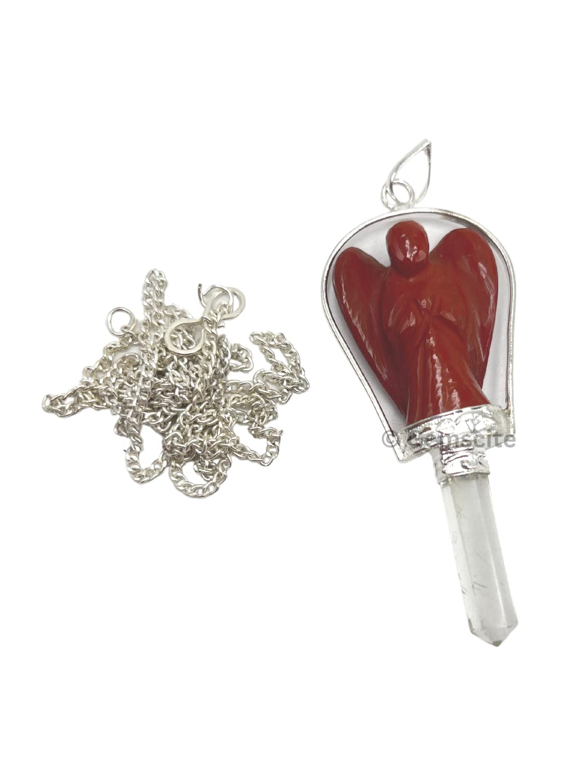 GEMSCITE red jasper angel pendant close-up showing detailed carving and natural shine