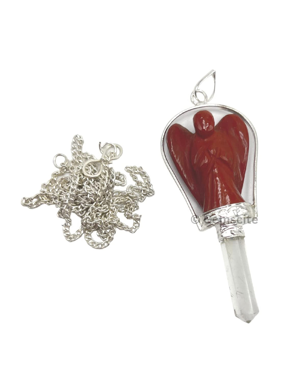 GEMSCITE red jasper angel pendant close-up showing detailed carving and natural shine