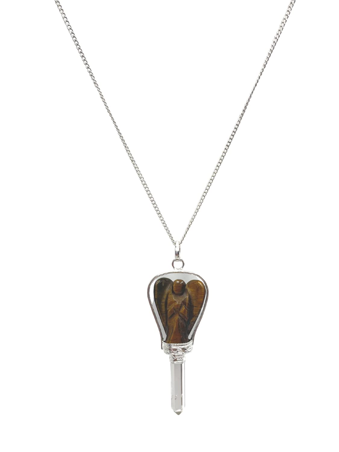 GEMSCITE Guardian Tiger Eye Angel Pendant with clear quartz close-up showing natural shimmer and glow