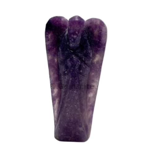 GEMSCITE Lepidolite guardian angel with pouch rests serene, ready for meditation and protection.