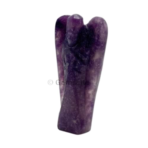 GEMSCITE hand-carved Lepidolite angel shows intricate detailing for crystal enthusiasts.