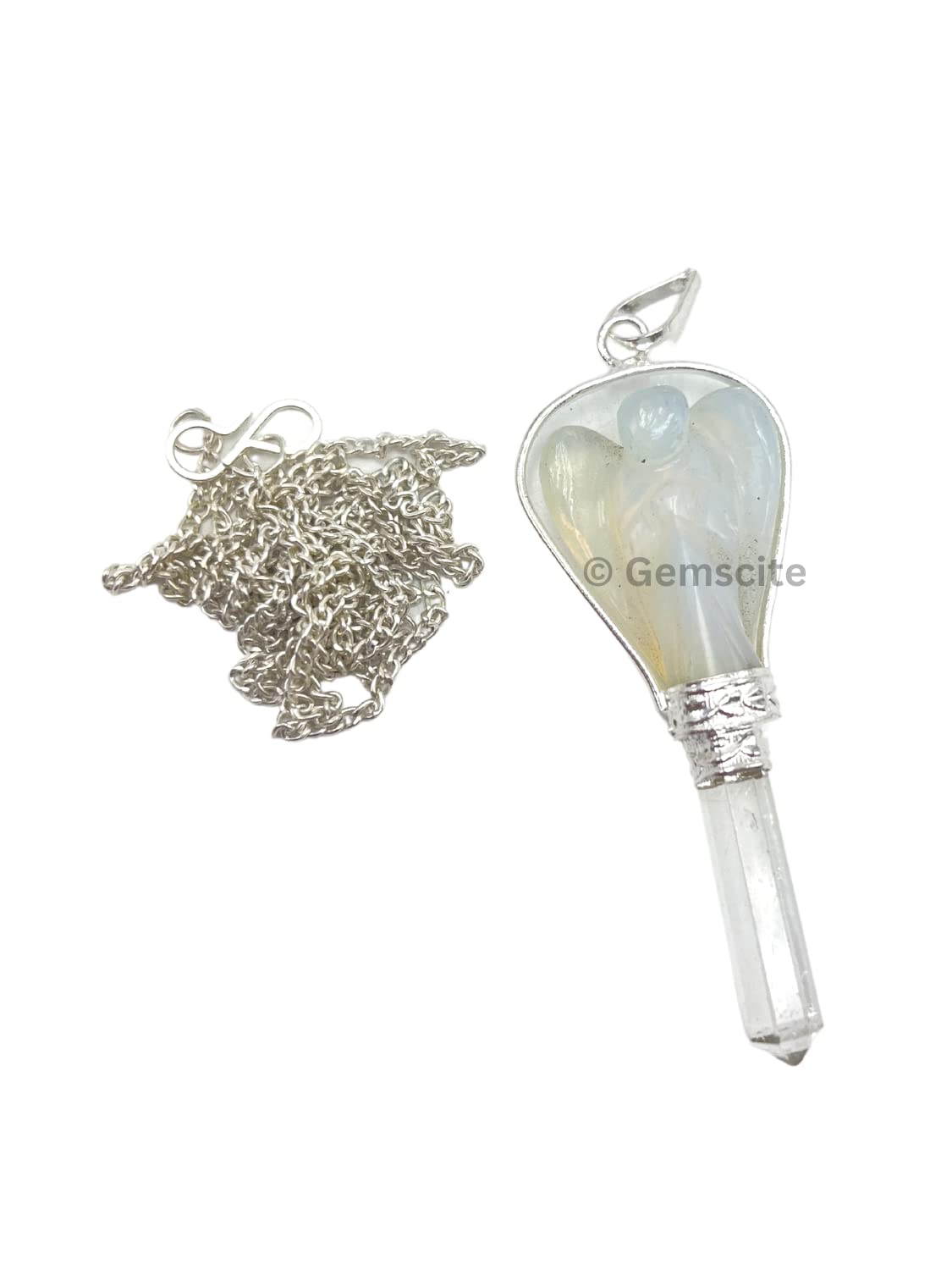 GEMSCITE Opalite Angel Pendant close-up showing craftsmanship and subtle color hues.