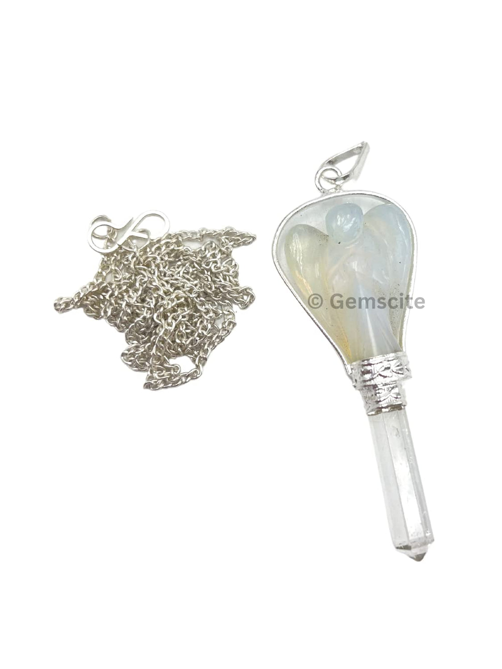 GEMSCITE Opalite Angel Pendant close-up showing craftsmanship and subtle color hues.