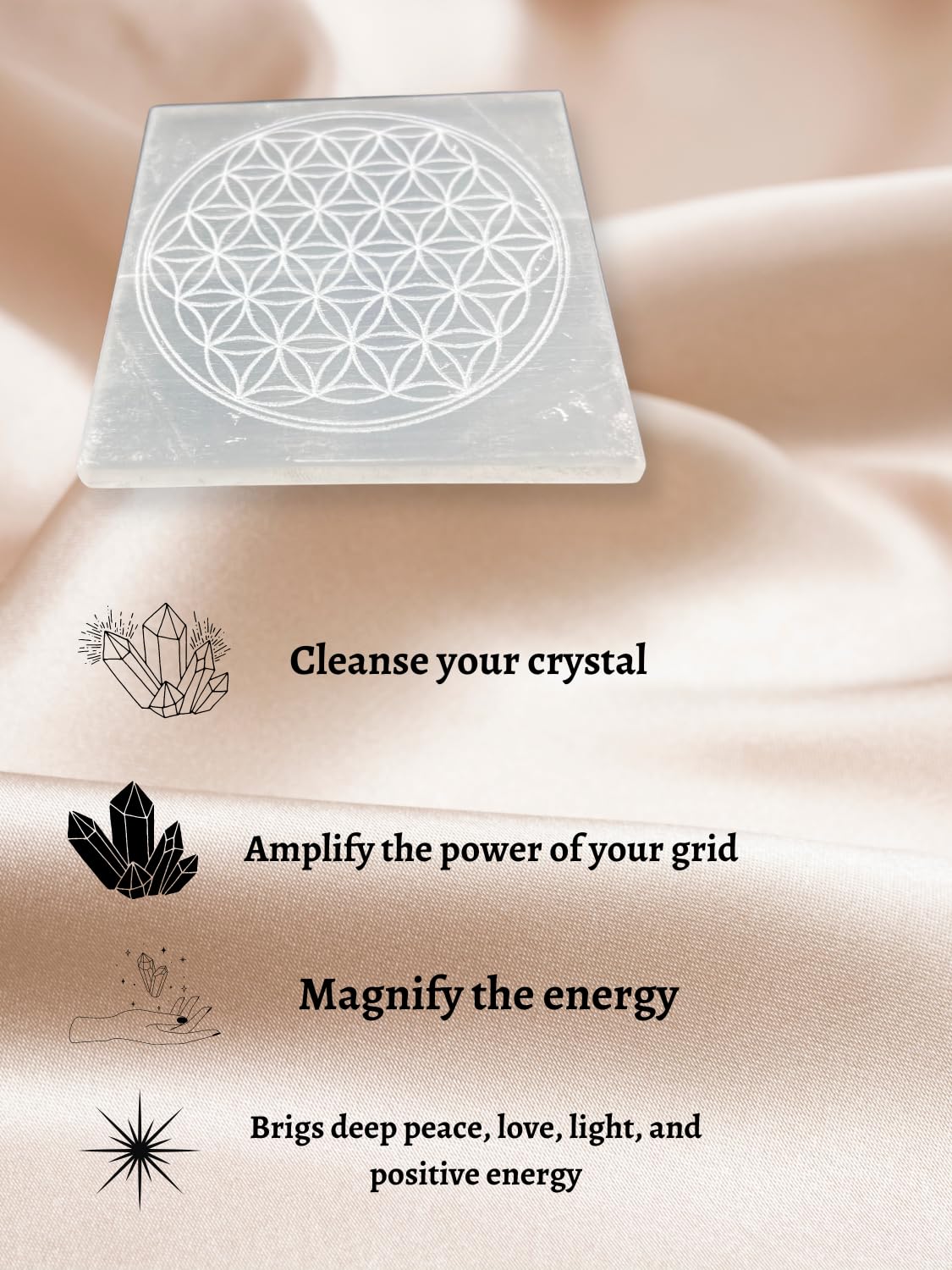 GEMSCITE selenite plate used for crystal cleansing session