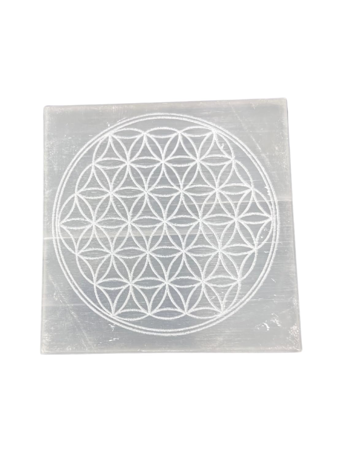 GEMSCITE selenite plate with Flower of Life engraving for crystal cleansing